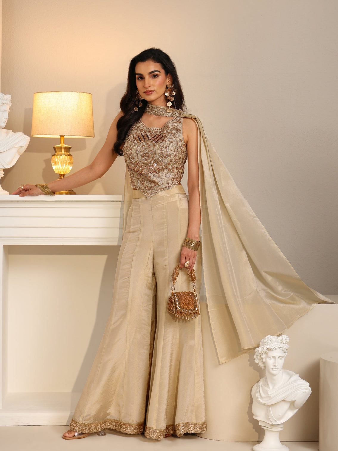 Mameraa Art Beige Embellished Tissue Crop Top and Palazzo Suit Set