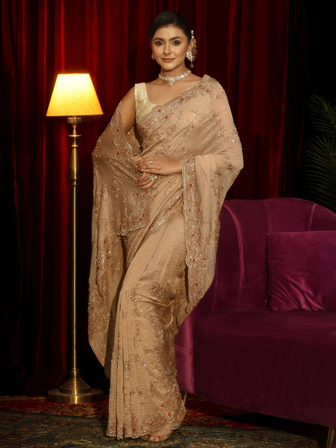 Mameraa Art Beige Floral Embellished Tissue Saree