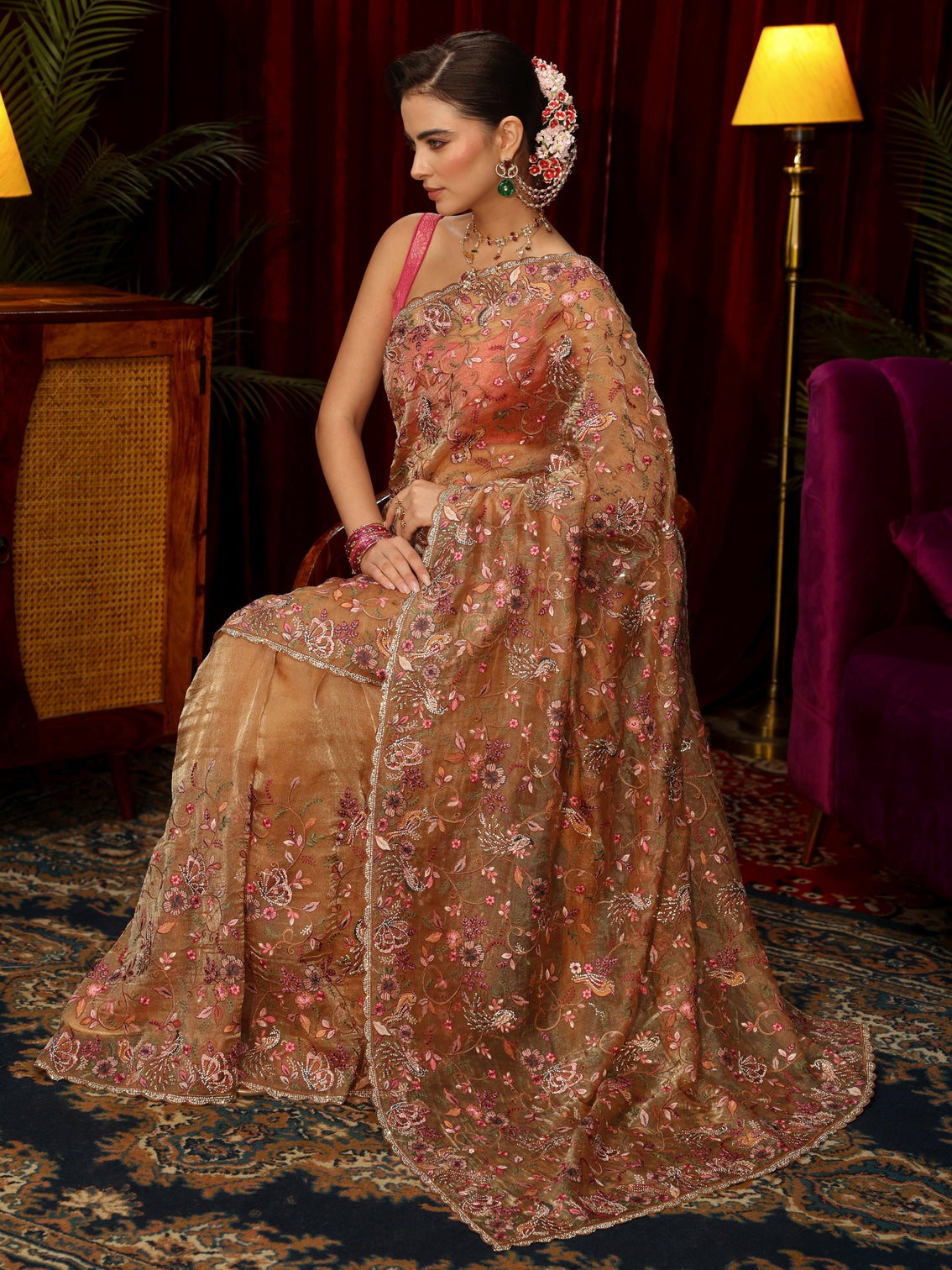 Mameraa Art Beige Floral Embellished Tissue Saree