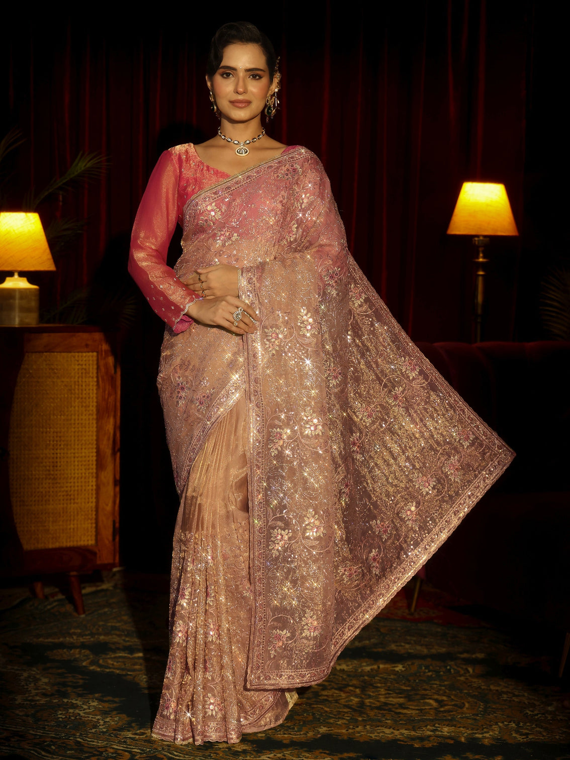 Mameraa Art Beige Floral Embellished Tissue Saree