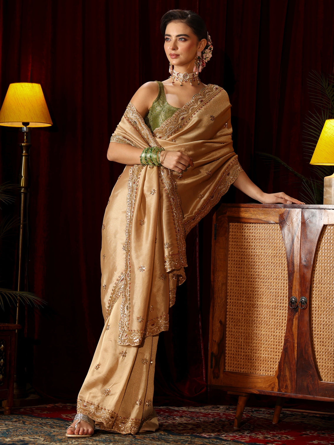 Mameraa Art Beige Floral Sequin Embellished Silk Blend Saree