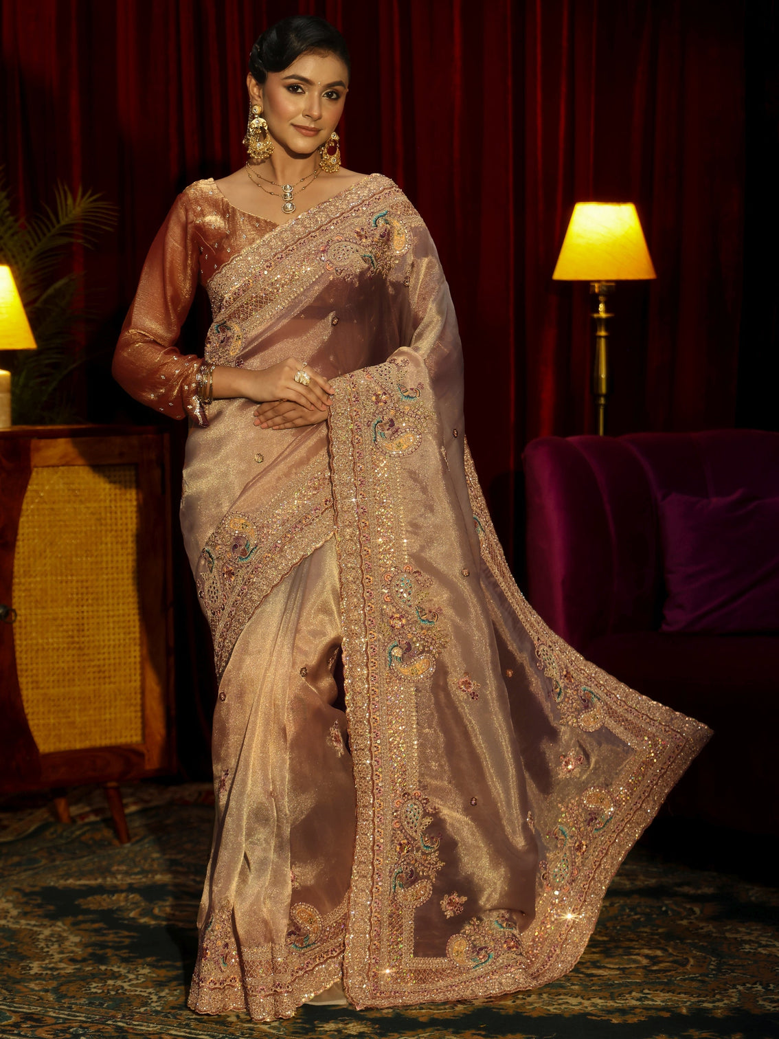 Mameraa Art Beige Sequin Embellished Tissue Saree