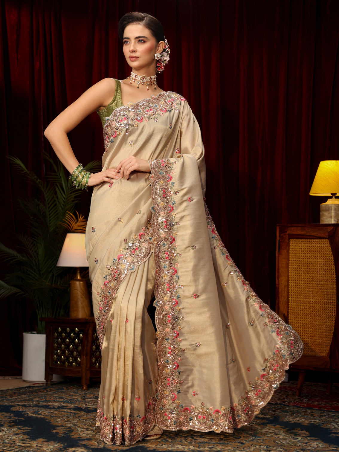 Mameraa Art Beige Sequin Silk Blend Saree with Floral Embroidered Border