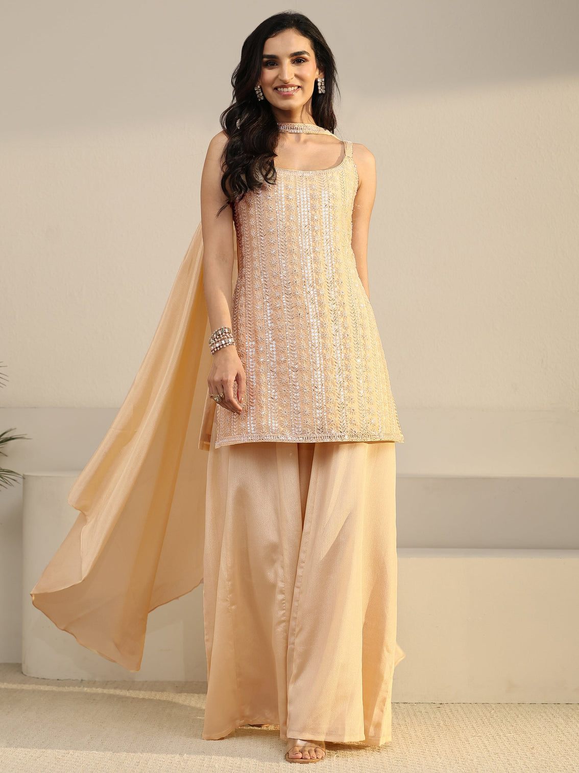 Mameraa Art Beige Strappy Embellished Chinon Palazzo Suit Set
