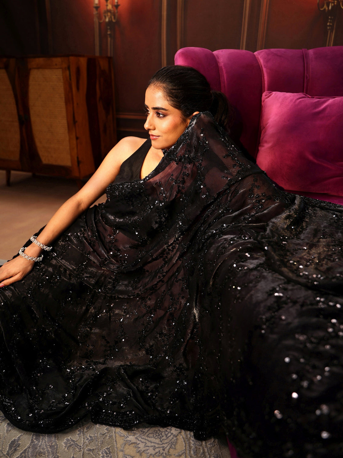 Mameraa Art Black Embellished Tissue Saree