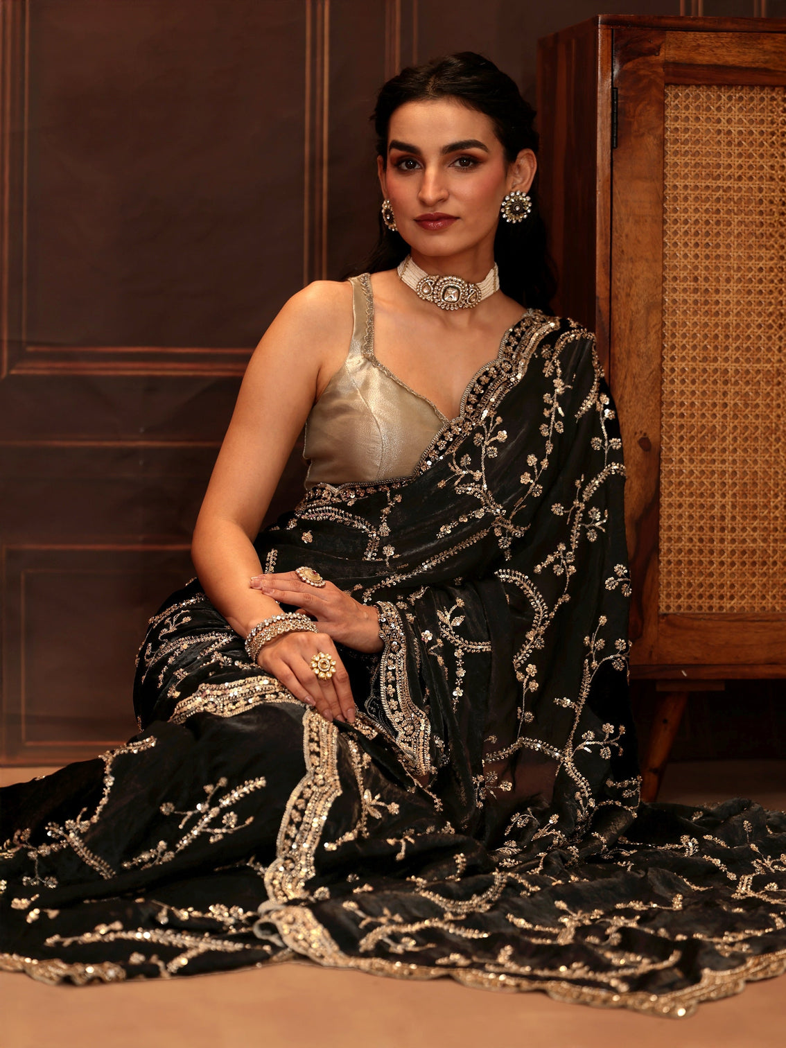 Mameraa Art Black Embellished Tissue Saree