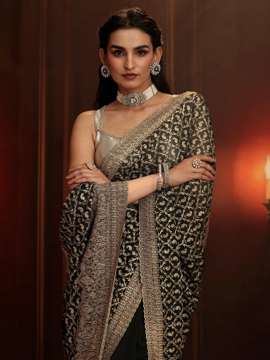 Mameraa Art Black Embroidered Georgette Saree