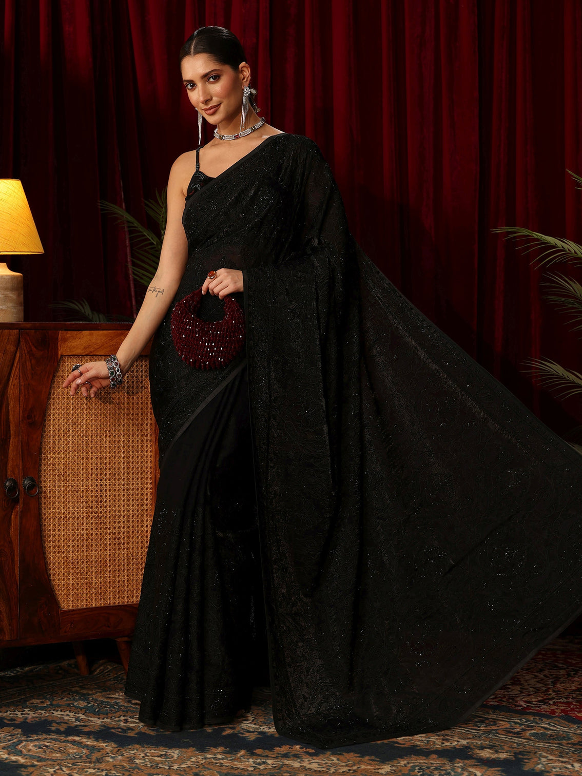 Mameraa Art Black Embroidered Tissue Saree with Stone Work