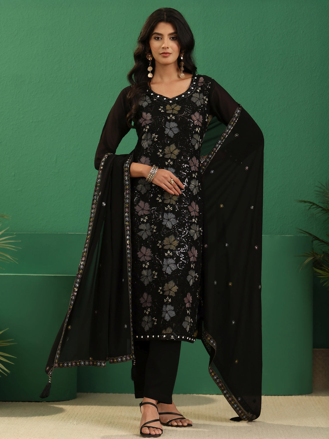 Mameraa Art Black Floral Embellished Georgette Straight Suit Set