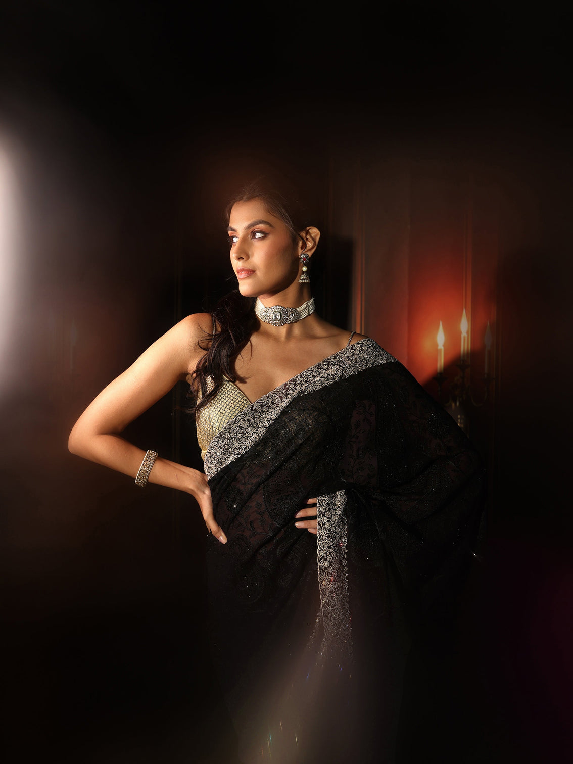 Mameraa Art Black Floral Embroidered Georgette Saree