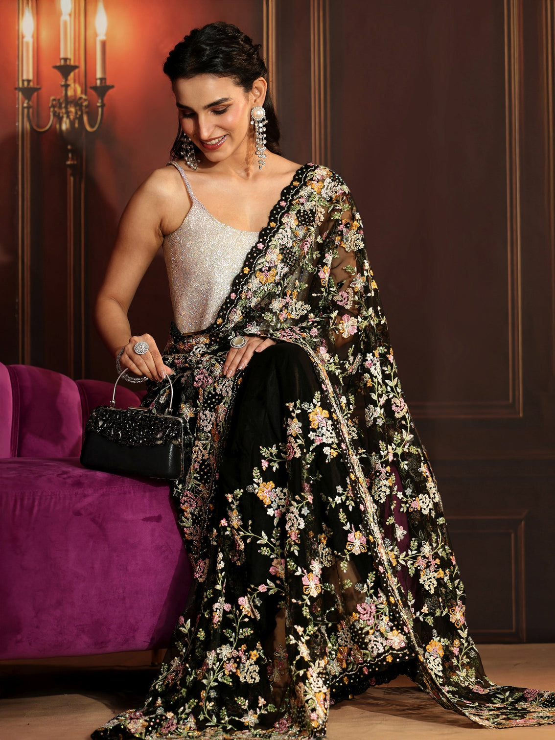 Mameraa Art Black Floral Embroidered Net Saree