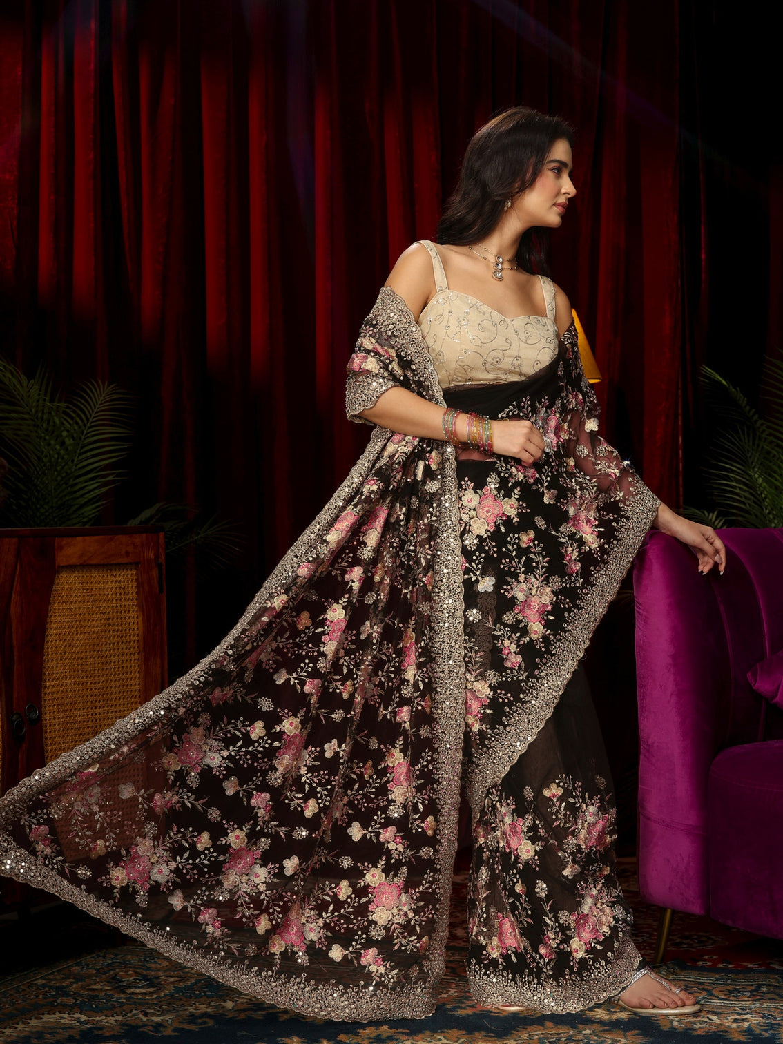 Mameraa Art Black Floral Embroidered Net Saree with Mirror Work Border