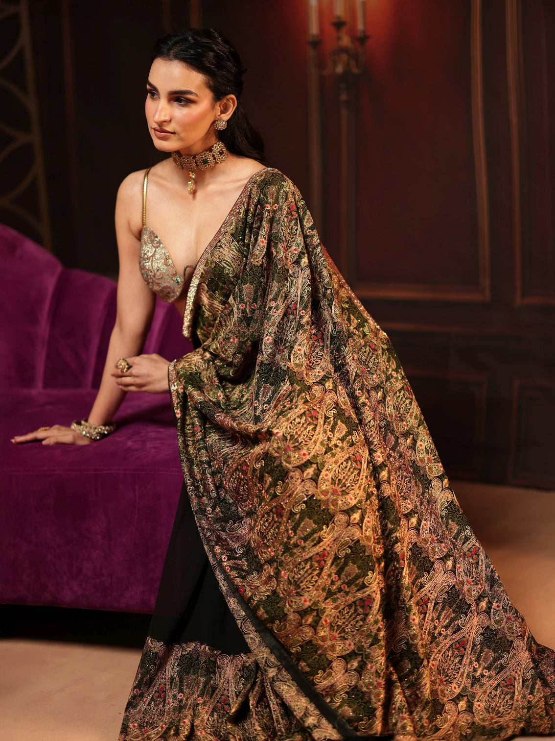 Mameraa Art Black Paisley Embellished Georgette Saree