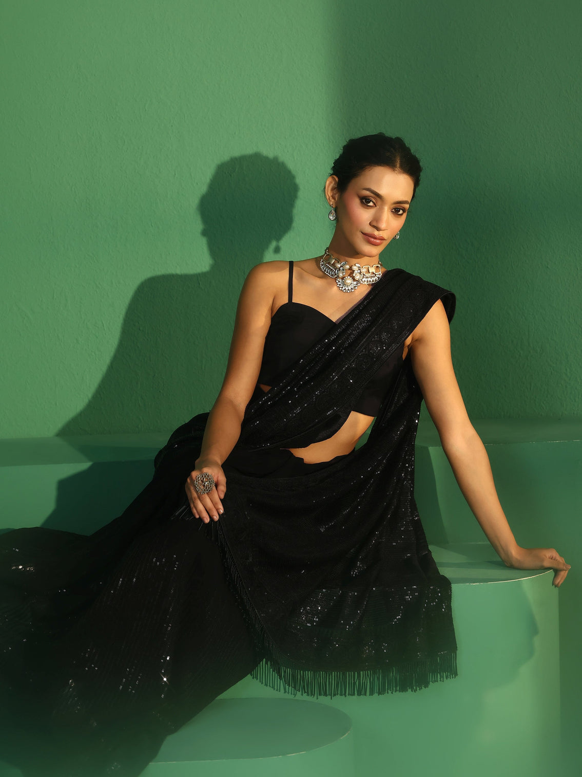Mameraa Art Black Sequin Embellished Georgette Saree