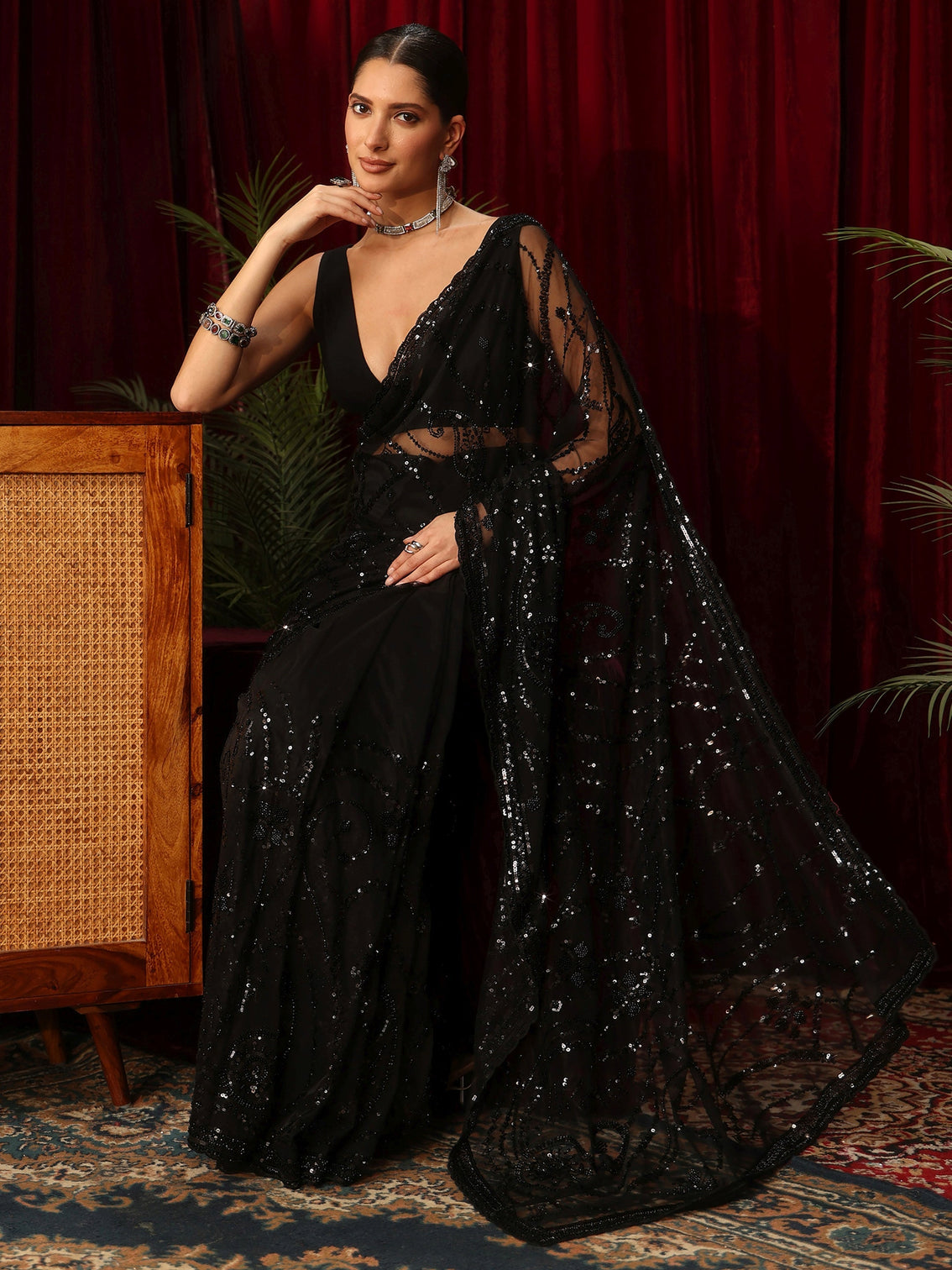 Mameraa Art Black Sequin Embellished Net Saree