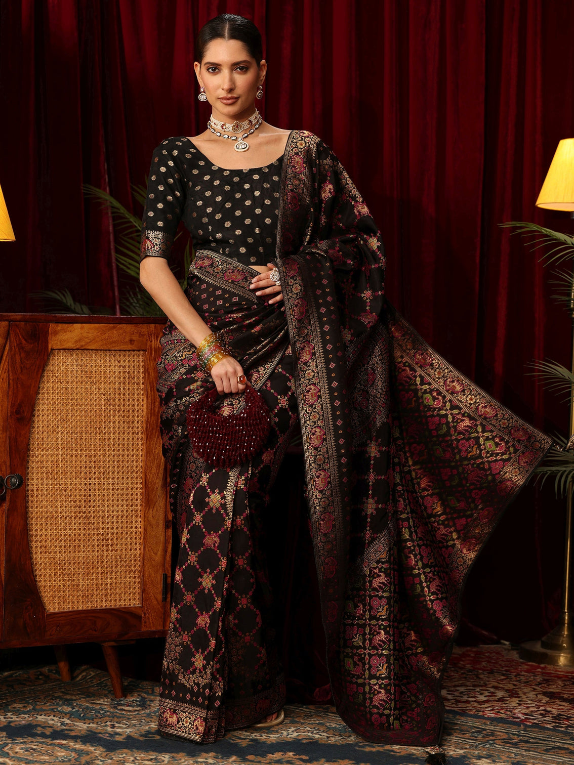 Mameraa Art Black Woven Design Silk Blend Saree with Patola Pallu