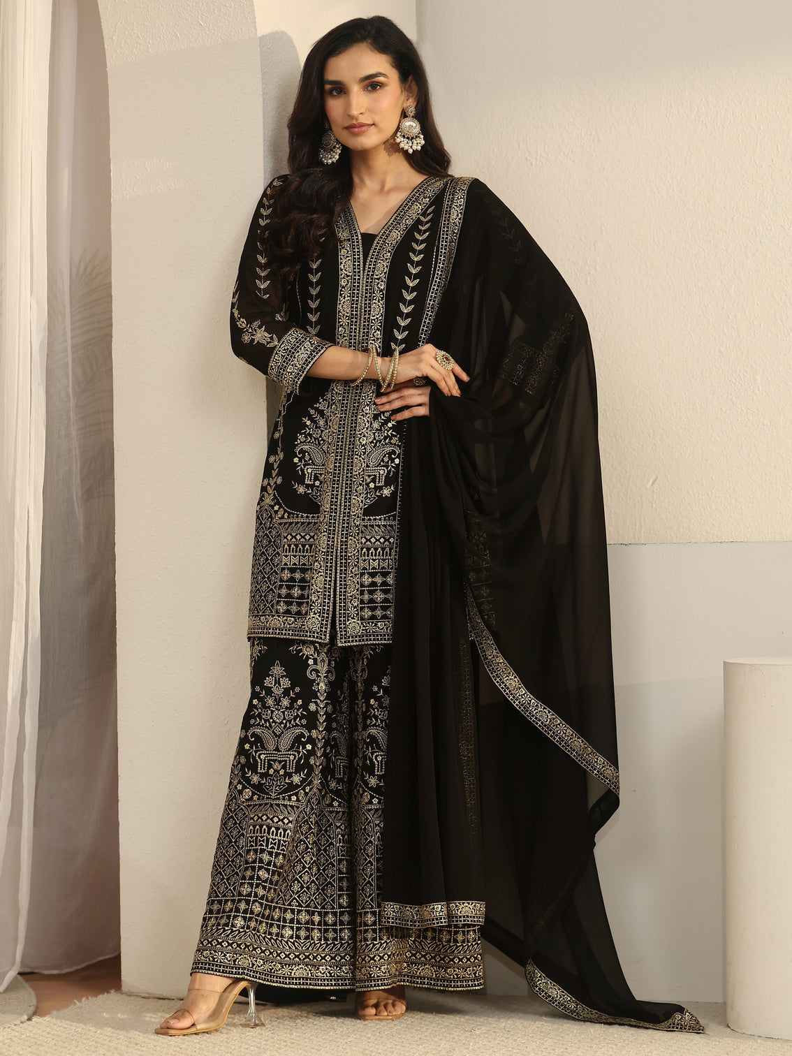 Mameraa Art Black Zari Embroidered Georgette Palazzo Suit Set