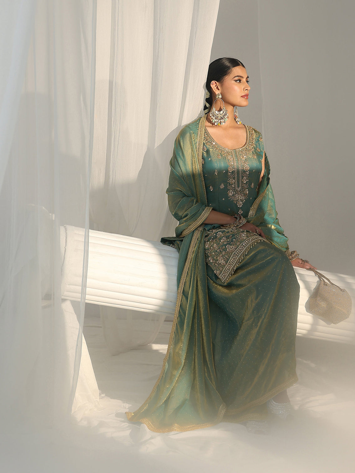 Mameraa Art Blue Embellished Sleeveless Silk Blend Palazzo Suit Set