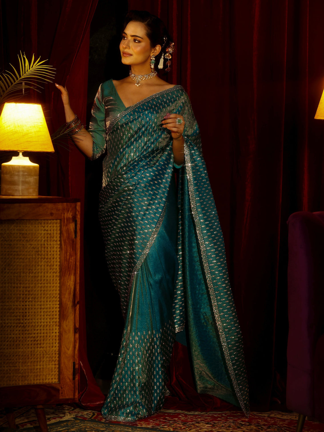 Mameraa Art Blue Embellished Tissue Saree