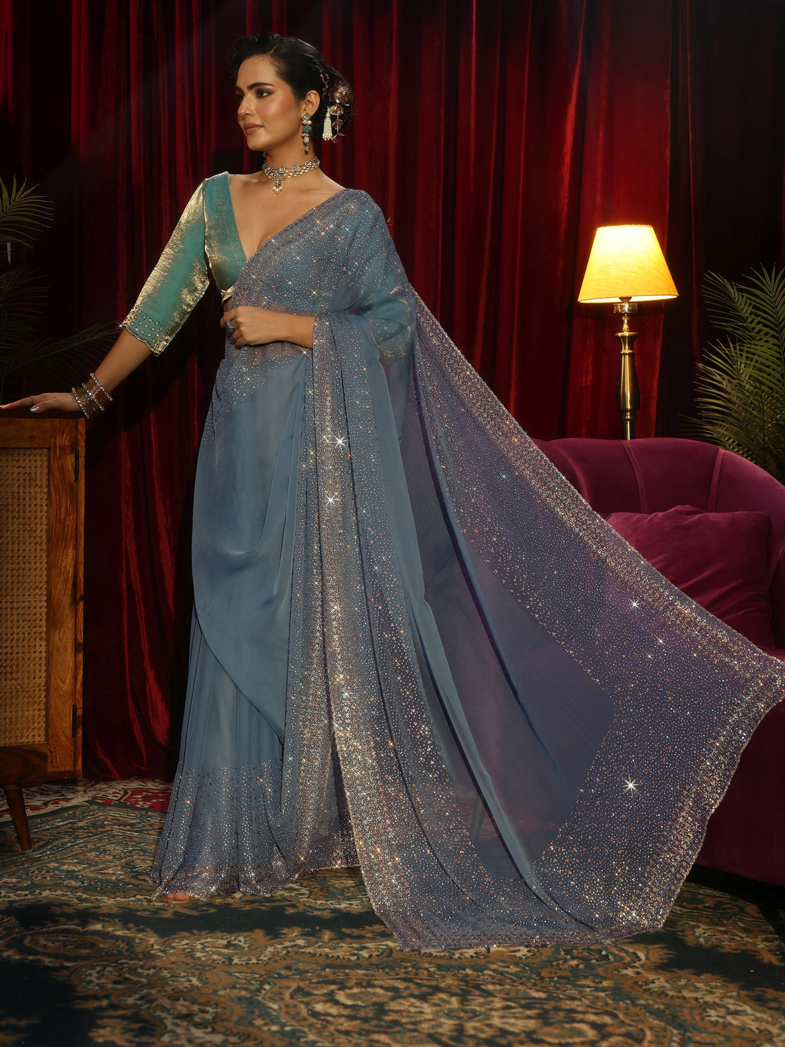 Mameraa Art Blue Embellished Tissue Saree