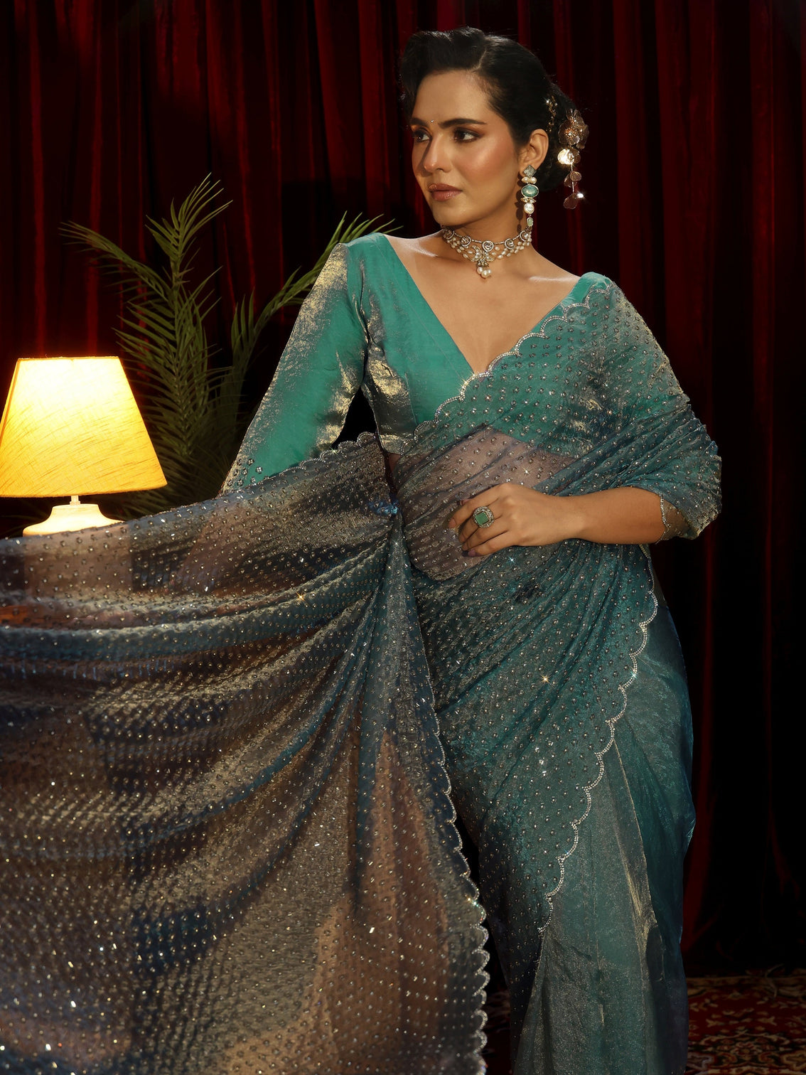 Mameraa Art Blue Embellished Tissue Saree
