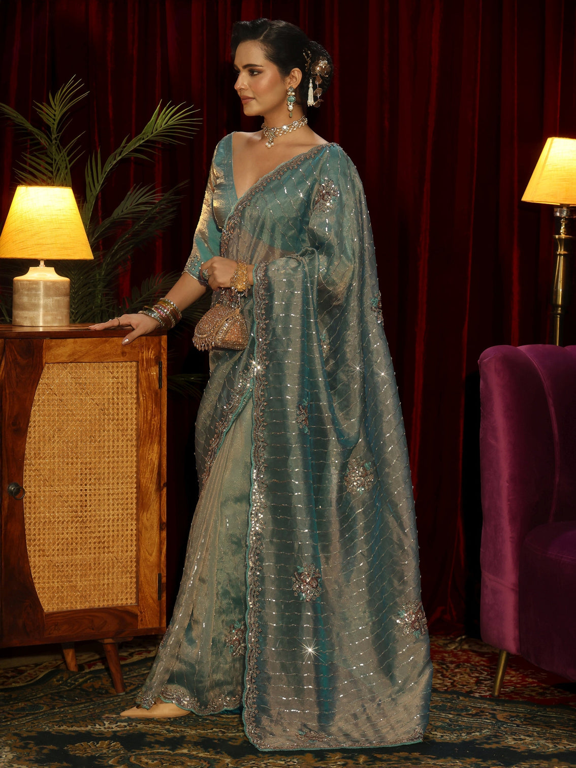 Mameraa Art Blue Embellished Tissue Saree