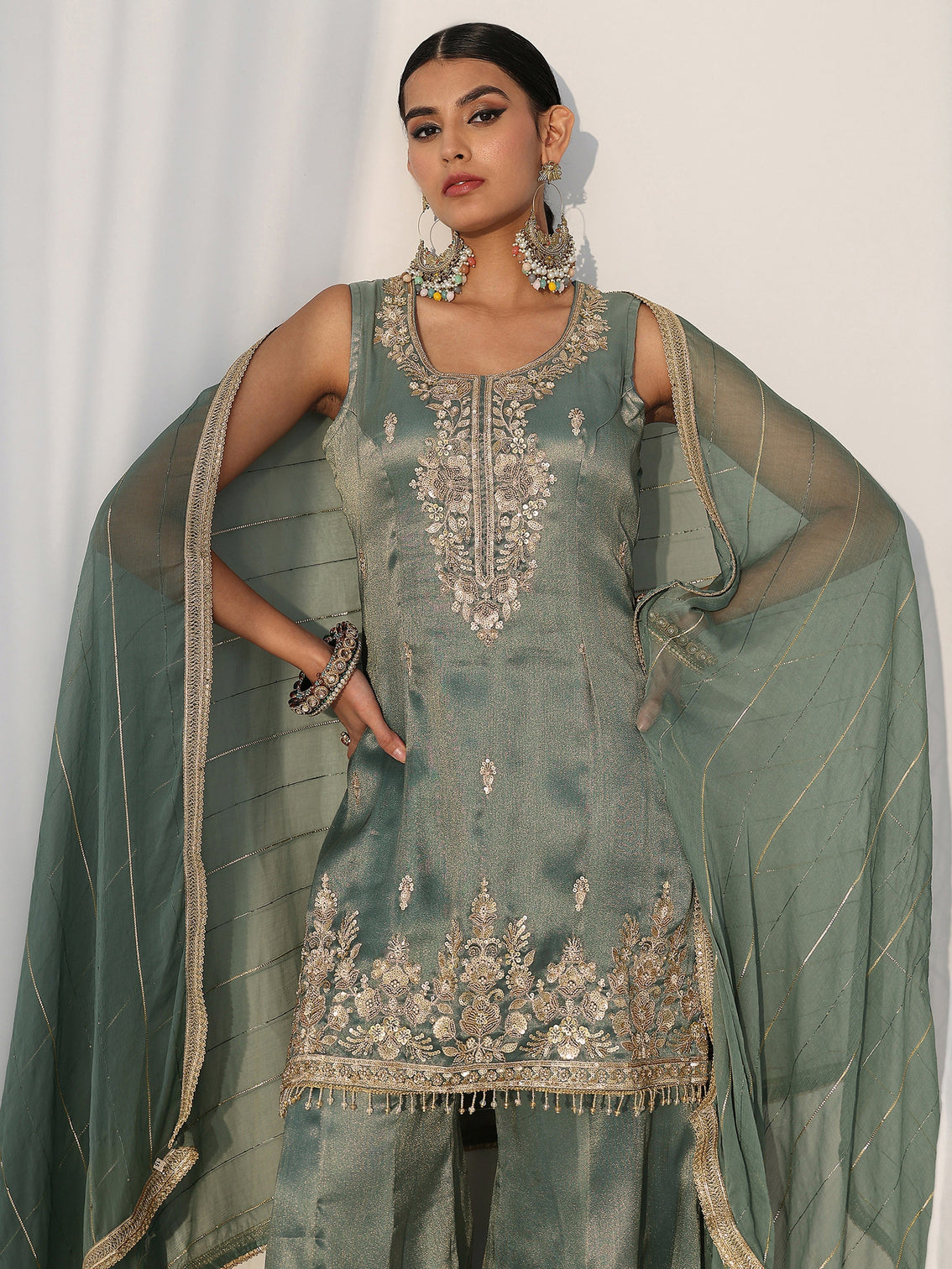 Mameraa Art Blue Floral Embellished Sleeveless Tissue Sharara Suit Set