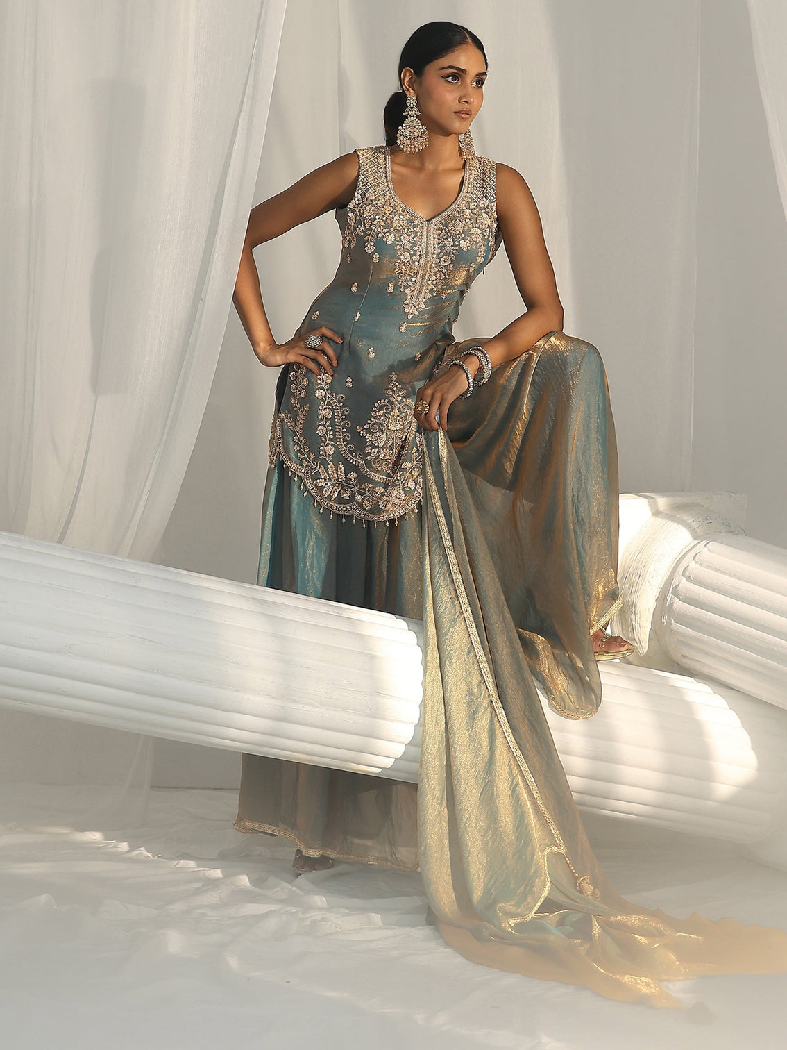 Mameraa Art Blue Floral Embroidered Sleeveless Silk Blend Palazzo Suit Set