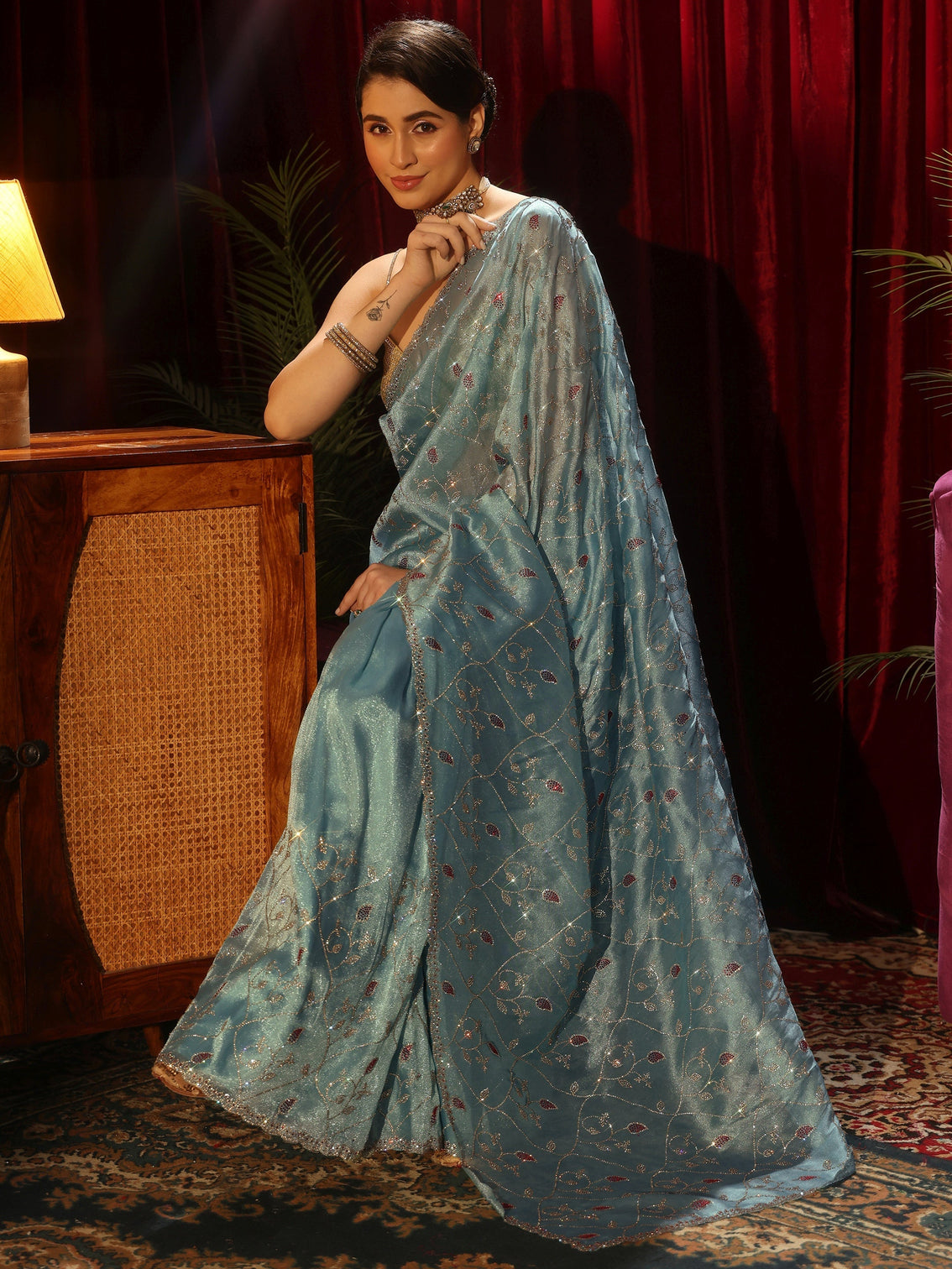 Mameraa Art Blue Floral Stone Work Tissue Saree