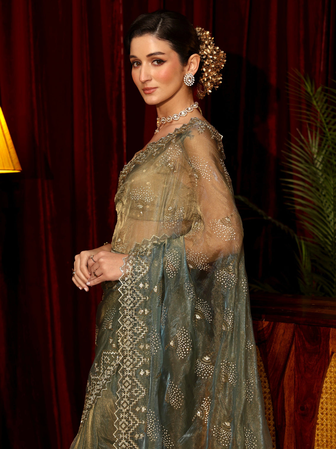 Mameraa Art Blue Stone Work Embellished Tissue Saree