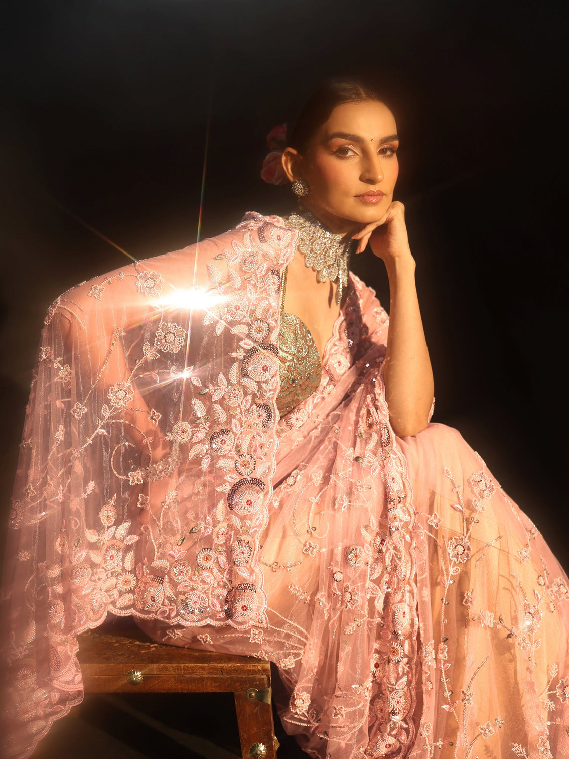 Mameraa Art Blush Pink Bead and Sequin Embellished Floral Net Saree