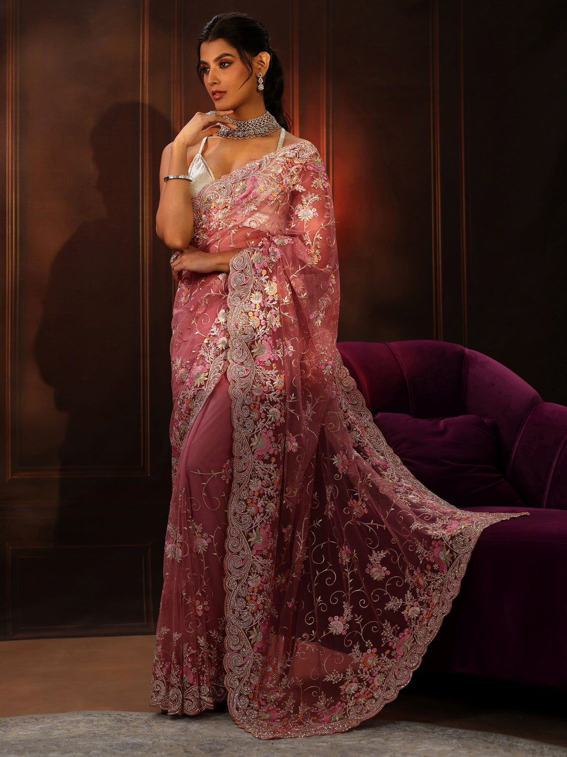 Mameraa Art Blush Pink Floral Embroidered Net Saree