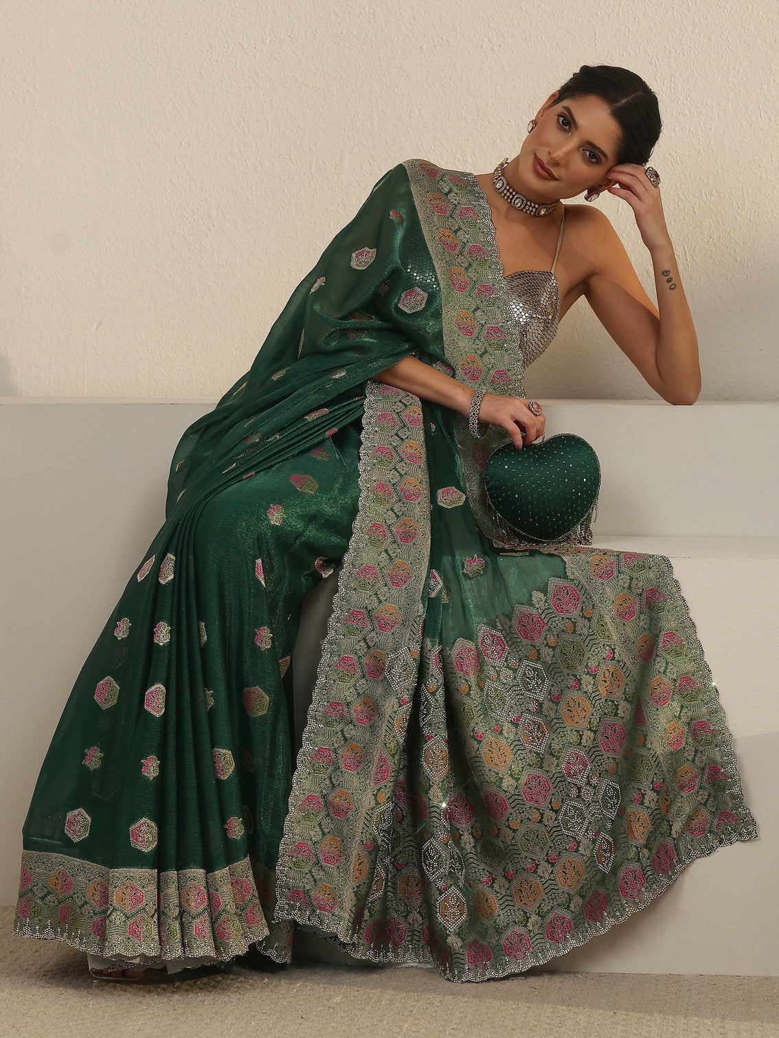 Mameraa Art Bottle Green Embellished Chiffon Saree