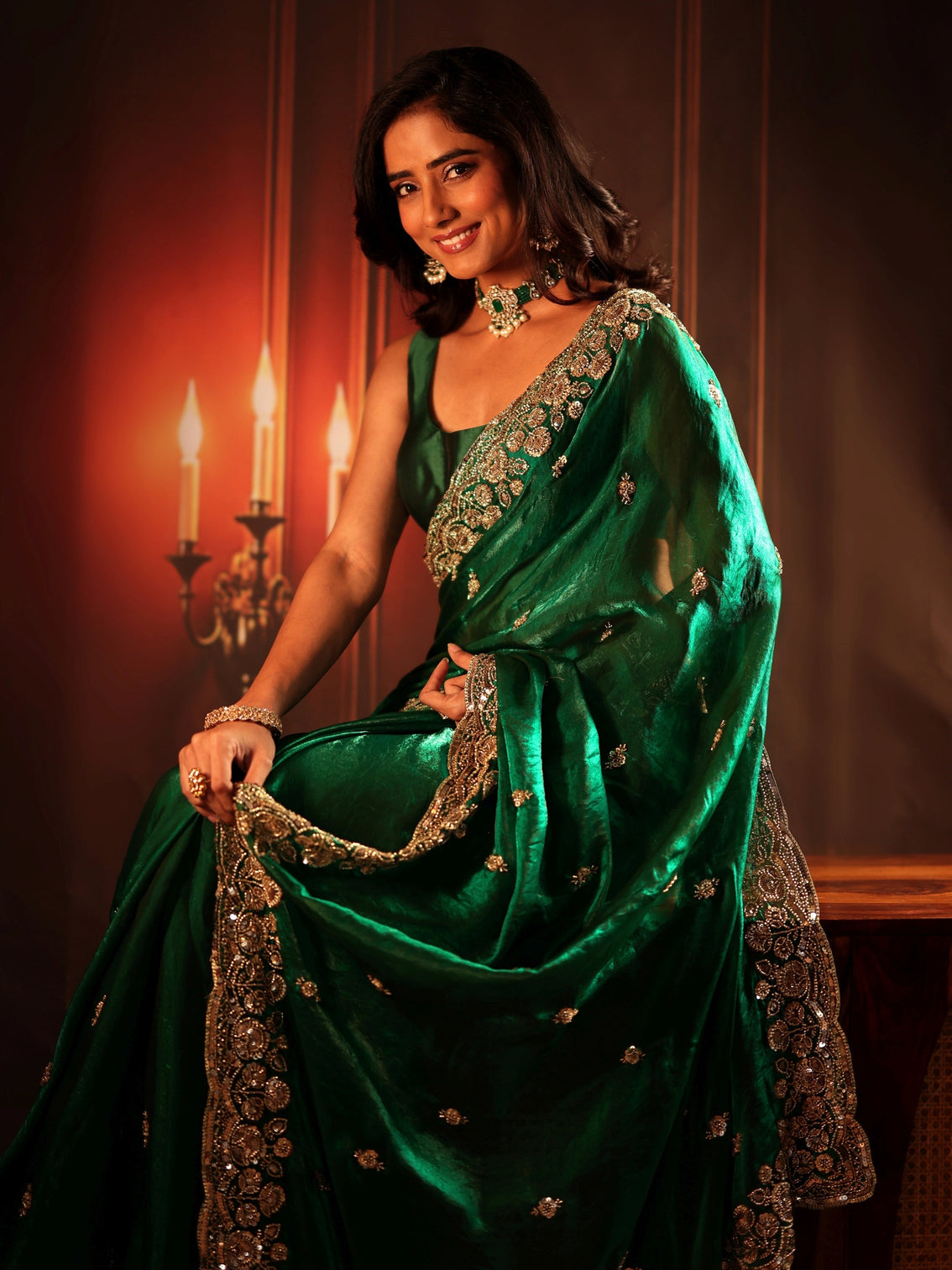 Mameraa Art Bottle Green Embellished Tissue Saree