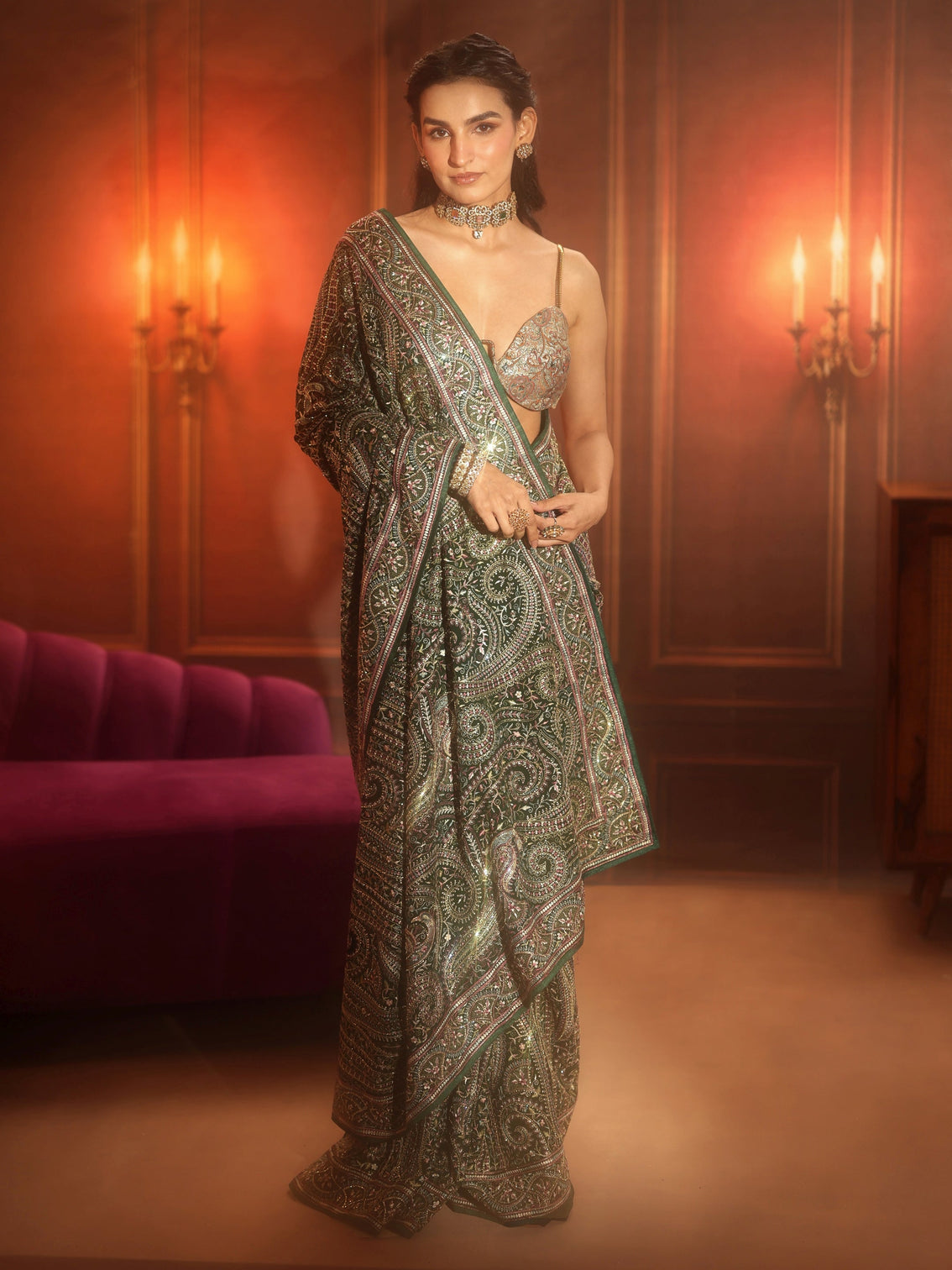 Mameraa Art Bottle Green Embroidered Georgette Saree