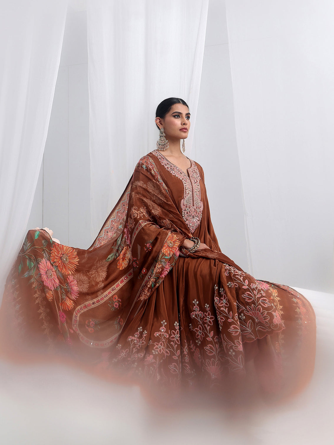 Mameraa Art Brown Floral Embellished Crepe Anarkali Suit Set