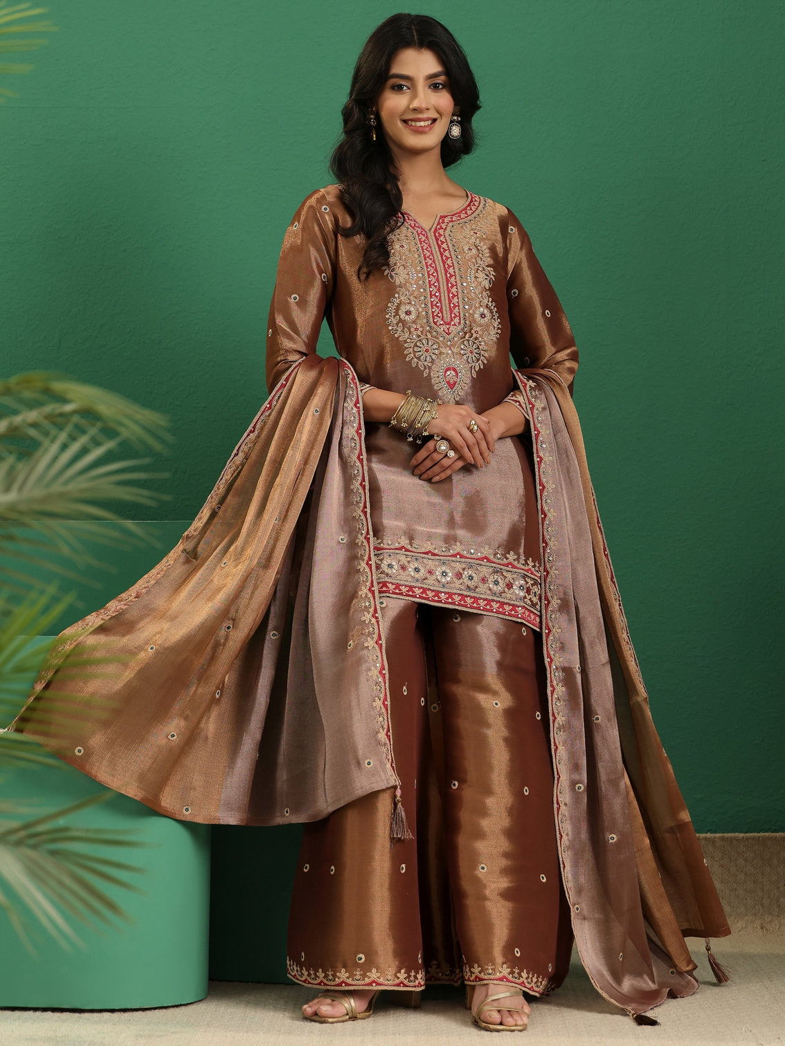 Mameraa Art Brown Floral Embellished Silk Blend Palazzo Suit Set