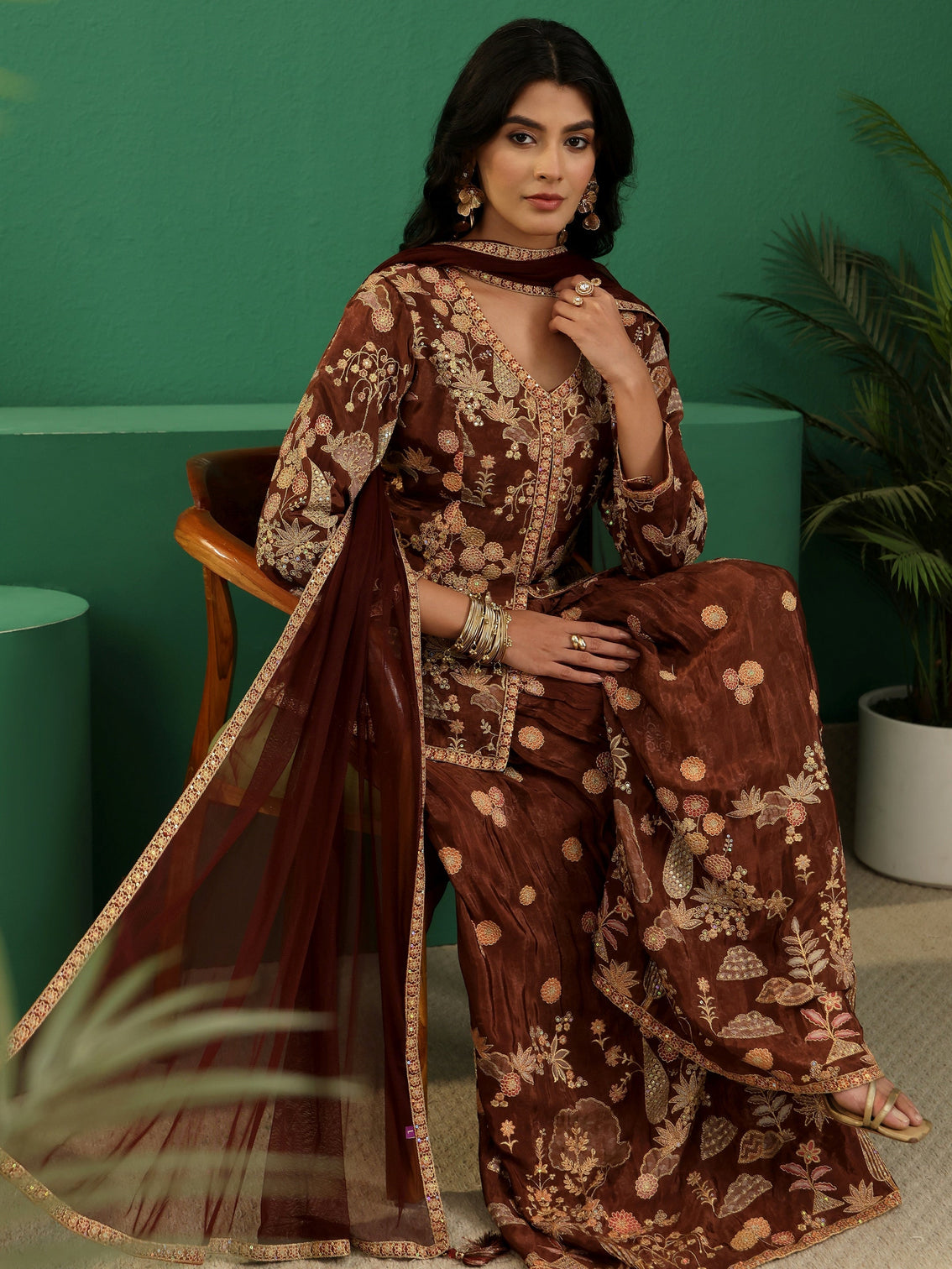 Mameraa Art Brown Floral Embroidered Silk Blend Sharara Suit Set