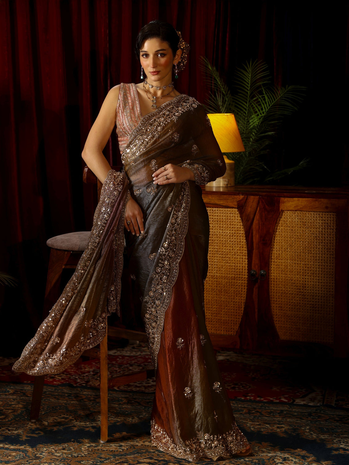 Mameraa Art Brown Floral Sequin Embellished Tissue Saree