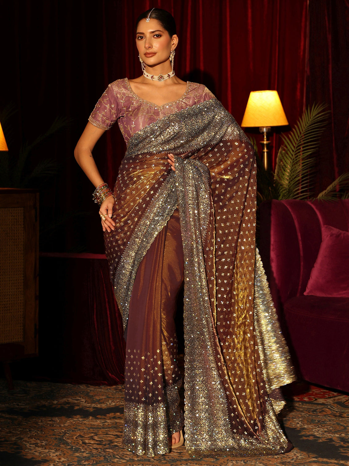Mameraa Art Brown Stone Work Embellished Tissue Saree