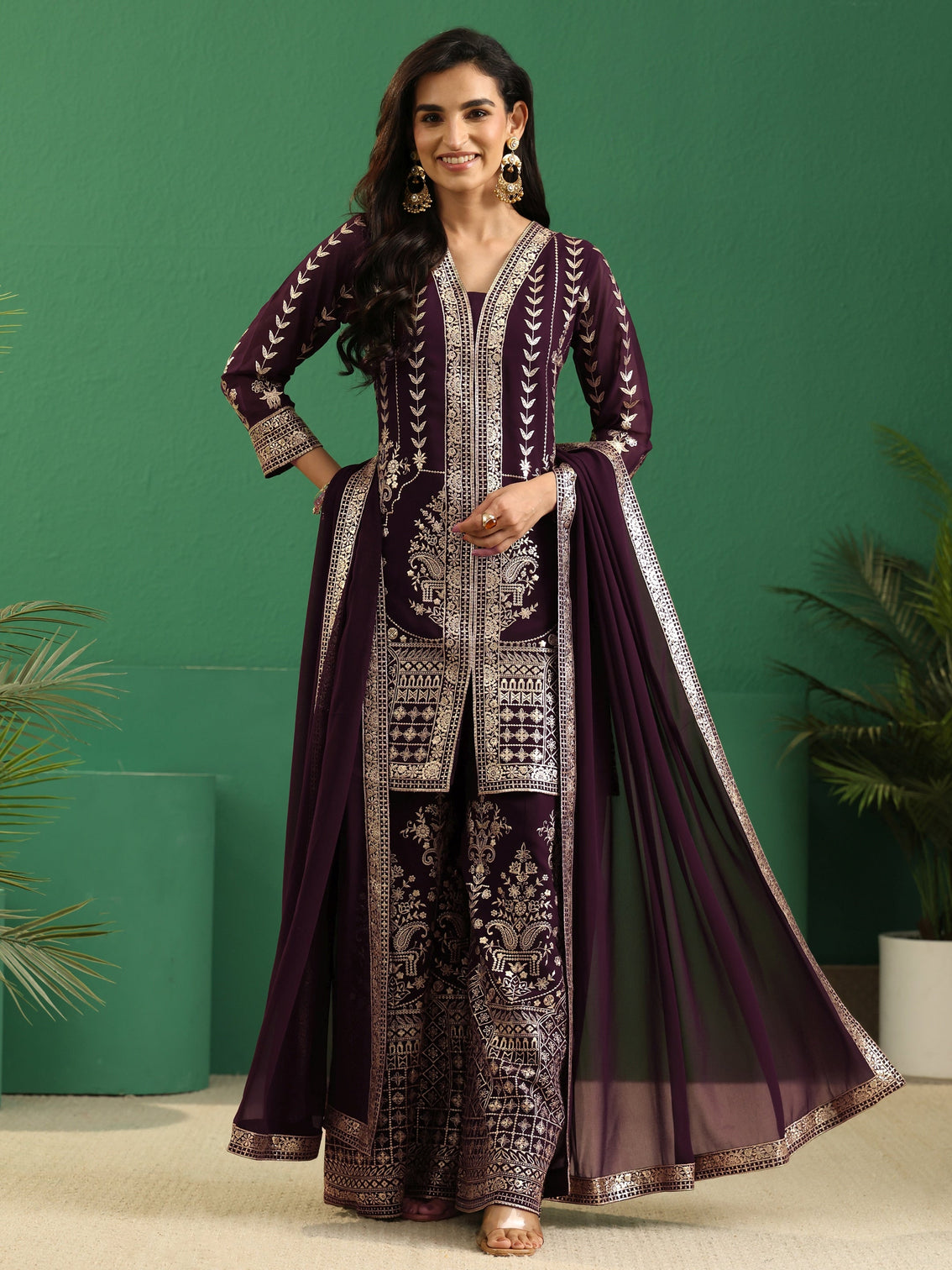 Mameraa Art Burgundy Embellished Georgette Palazzo Suit Set