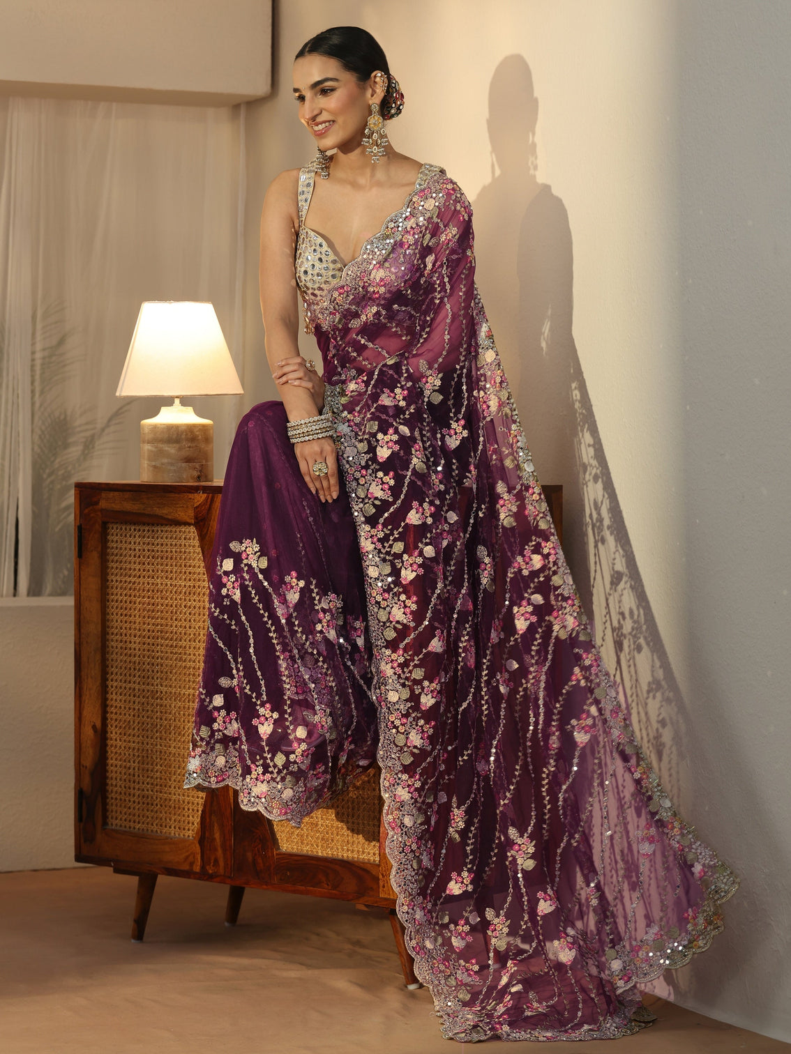 Mameraa Art Burgundy Floral Embellished Net Saree