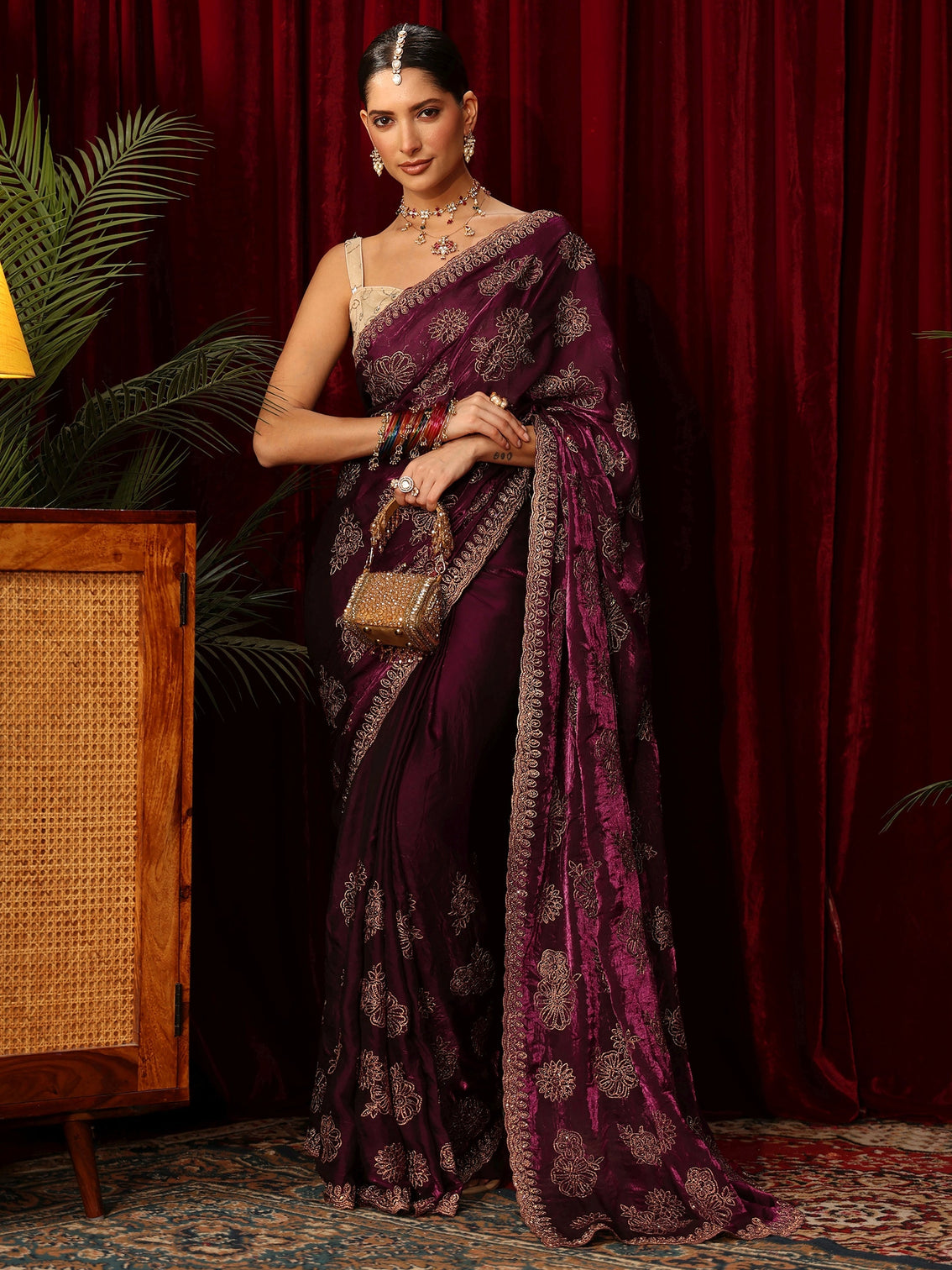 Mameraa Art Burgundy Floral Embellished Tissue Saree