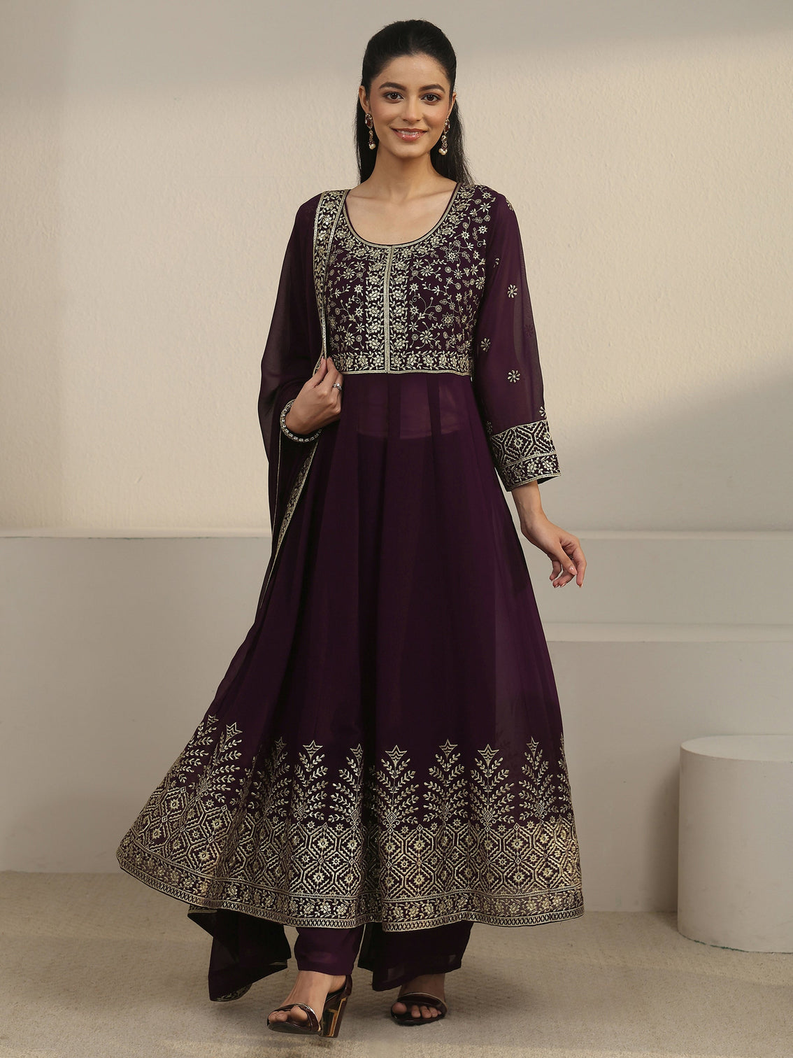 Mameraa Art Burgundy Floral Embroidered Georgette Anarkali Suit Set