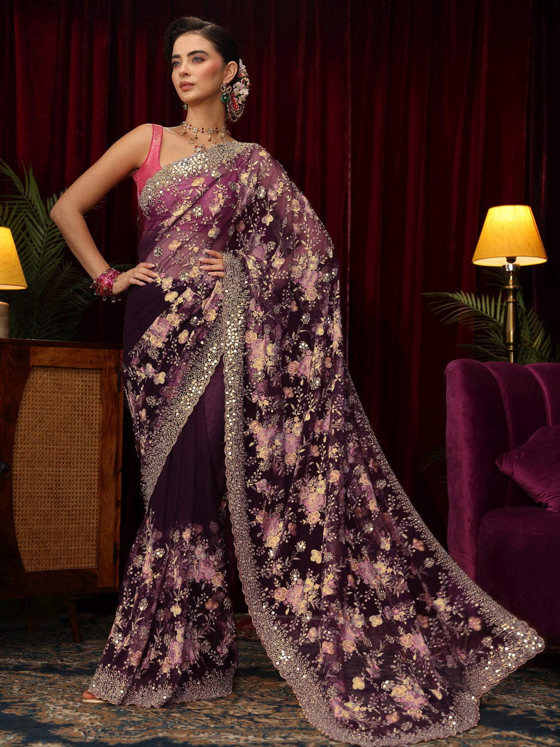 Mameraa Art Burgundy Floral Mirror Work Embroidered Net Saree