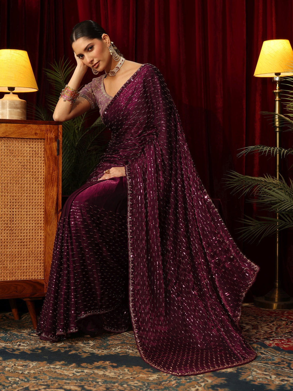 Mameraa Art Burgundy Sequin Embellished Tissue Saree
