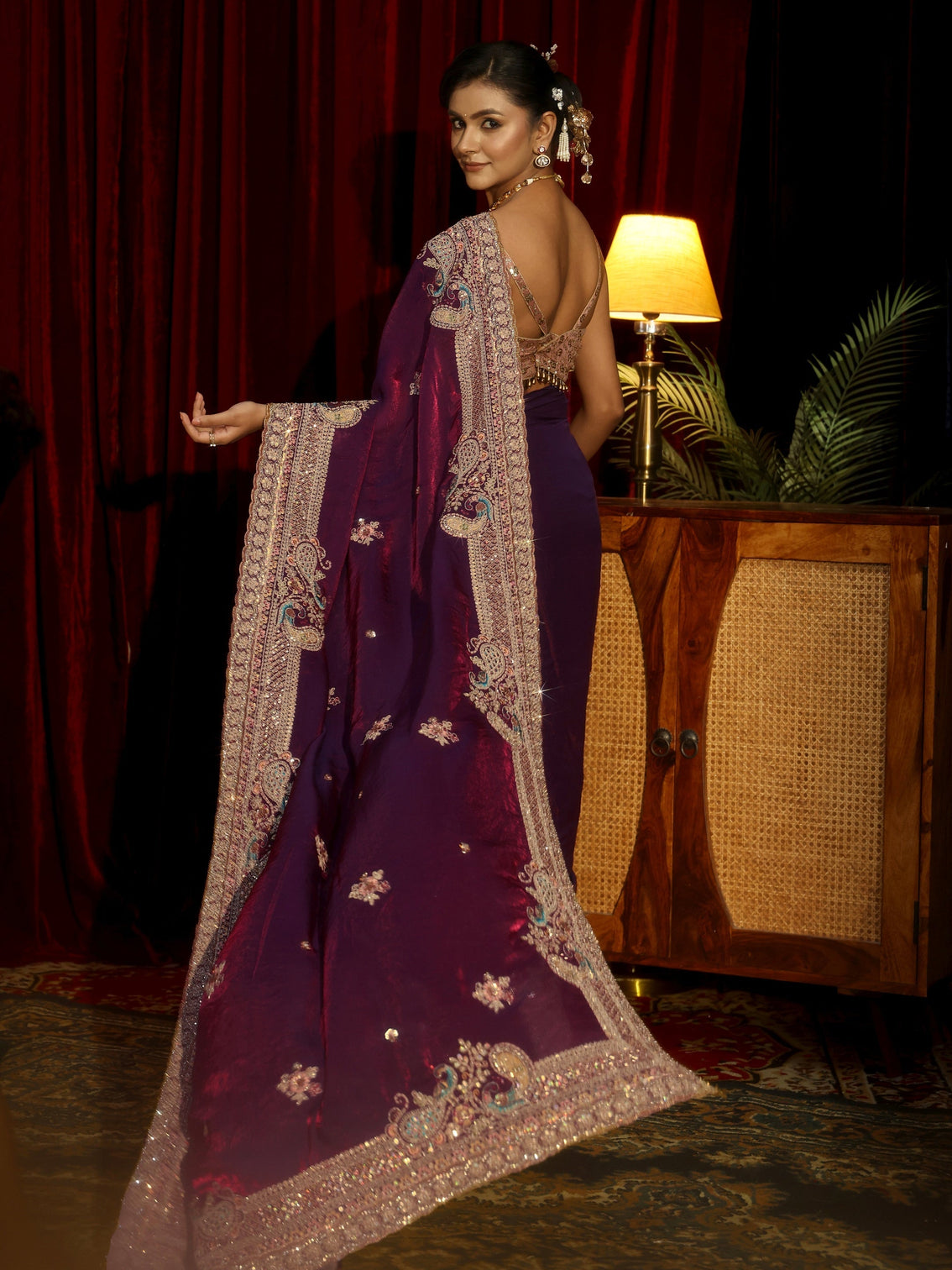 Mameraa Art Burgundy Sequin Tissue Saree with Embellished Border