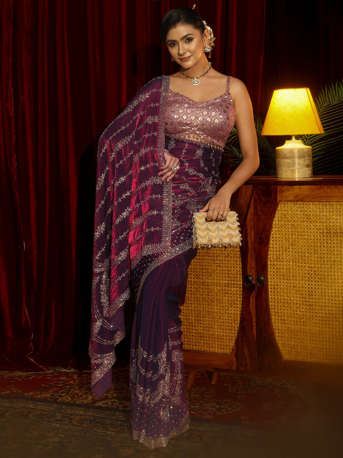 Mameraa Art Burgundy Stone Work Embellished Tissue Saree