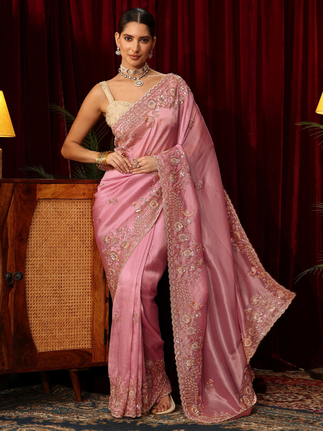 Mameraa Art Cerise Pink Floral Embellished Tissue Saree