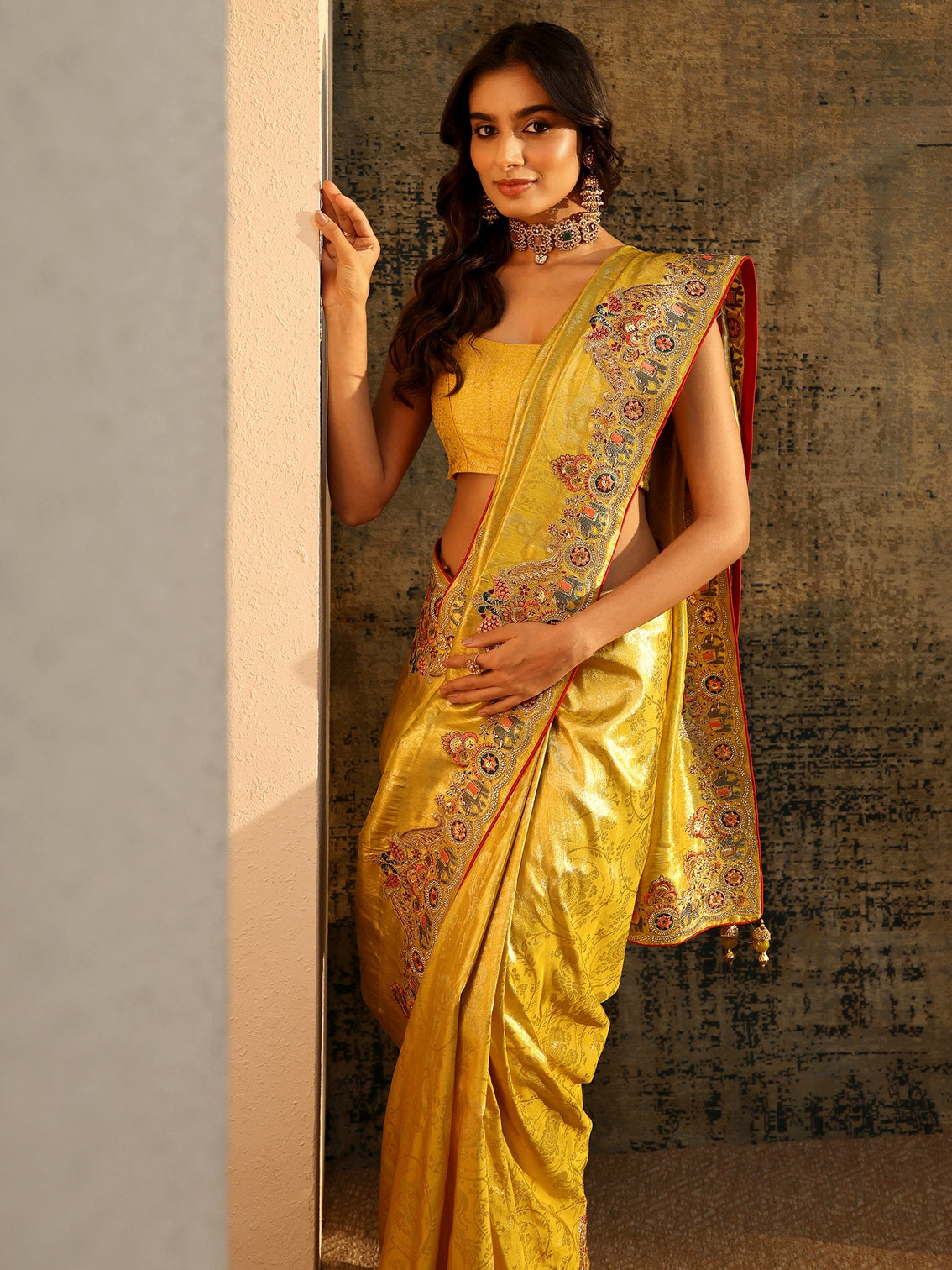 Mameraa Art Chartreuse Green Woven Silk Blend Saree with Embellished Saree